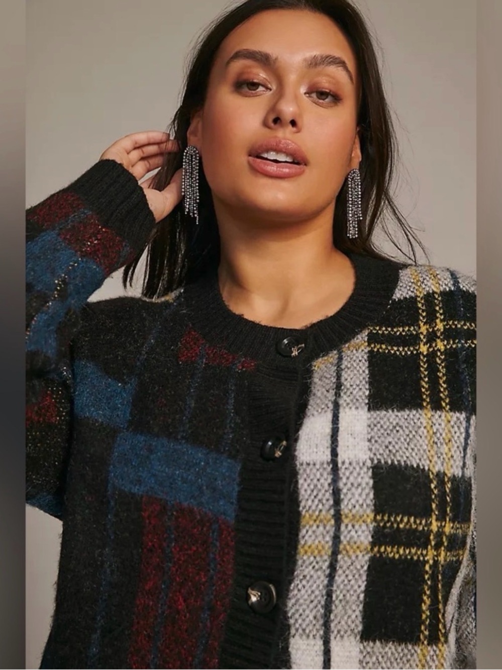 Anthropologie | RD Style Plaid Button-Front Cardigan Sweater - Black Multi - Picture 2 of 6